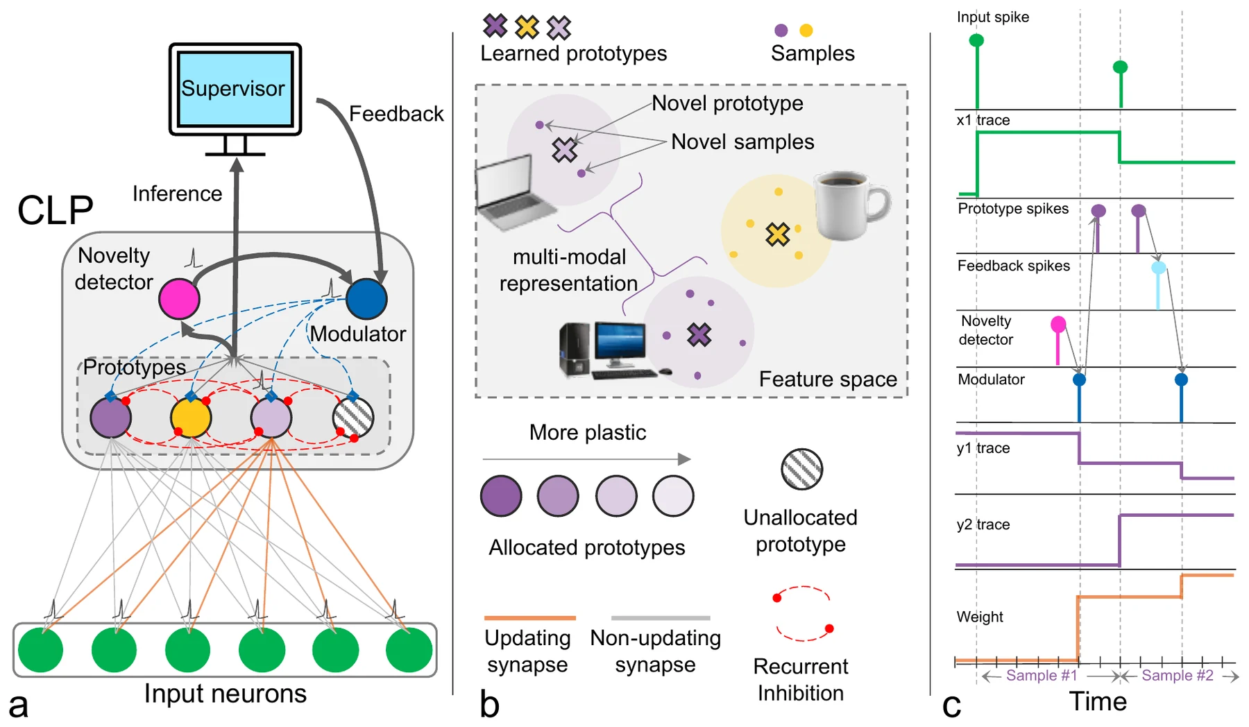 CLP-SNN architecture: input neurons feed a layer of prototype neurons with a novelty detector and a modulator neuron; allocated and unallocated prototypes in feature space; spike and trace dynamics during learning.